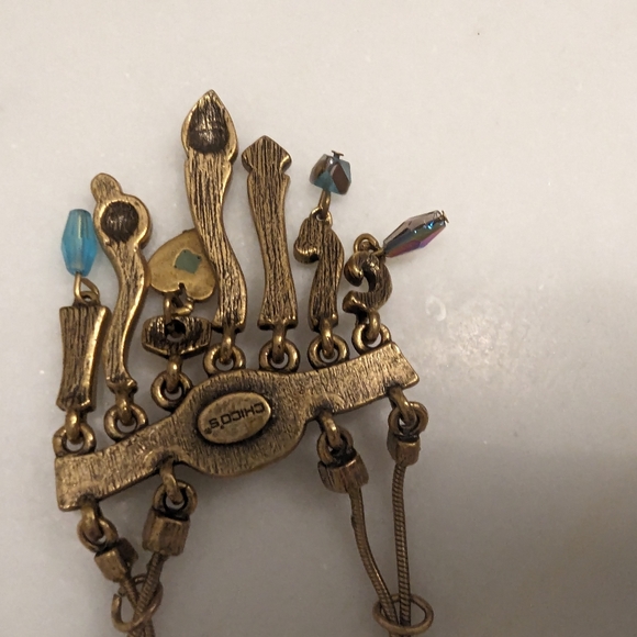 VINTAGE CHICO'S CHATELAINE STATEMENT 2 STRAND BRUSHED GOLD NECKLACE DANGLE BIB - Picture 11 of 11